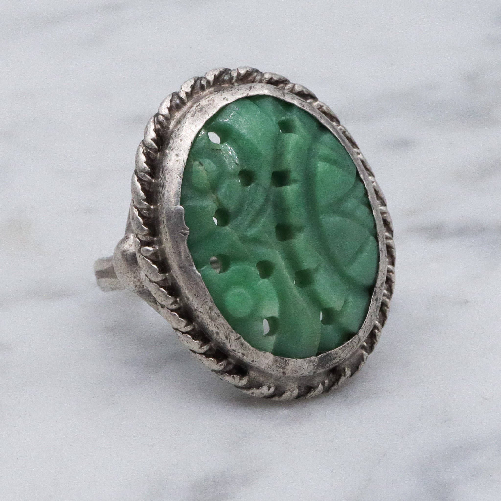 Antique Asian carved jade sterling silver ring, sz 6.75